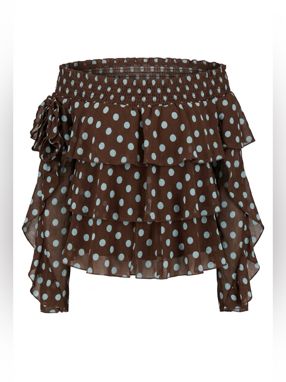 Tiered Polka Dot Mini Skirt in Brown with Blue Dots